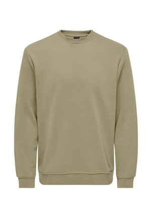 Olivzaļš džemperis ar apaļu kaklu, garām piedurknēm un ribotām aprocēm un apakšiņu, attēlots uz baltas fona.