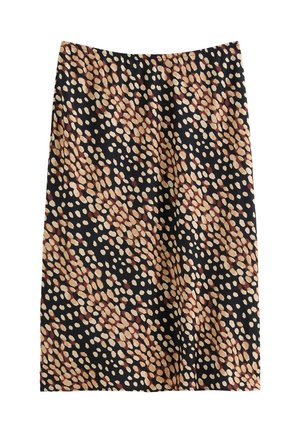 Schwarzer Rock mit gepunktetem Muster in Beige- und Burgundertönen, glatte Textur, knielanger Schnitt und elastischem Taillenbund.