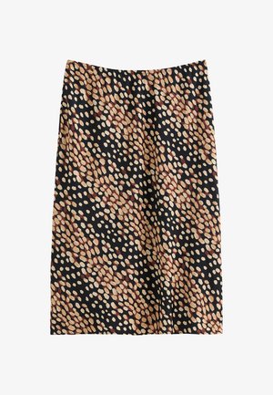 Schwarzer Rock mit gepunktetem Muster in Beige- und Burgundertönen, glatte Textur, knielanger Schnitt und elastischem Taillenbund.