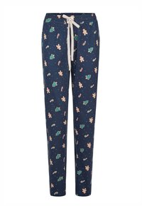 Marineblauwe pyjamabroek van zachte stof, met een patroon van kerstbomen, peperkoekmannetjes en zuurstokken, voorzien van een verstelbare trekkoorde.