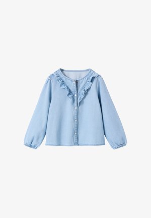 Hellblaue Bluse mit langen Ärmeln, vorderen Druckknöpfen und gerafftem V-Ausschnitt, elastischen Bündchen und geradem Saum.