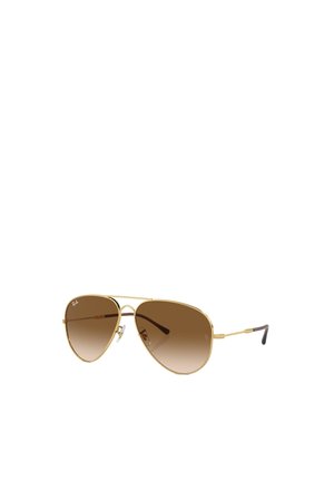 Occhiali da sole aviator con montatura in metallo dorato, lenti graduabili marroni, design a doppio ponte e punte degli occhiali con accenti neri.
