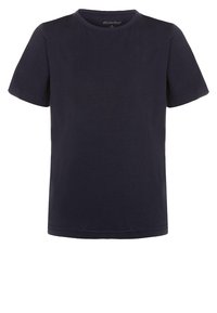 Marineblå kortærmet T-shirt lavet af bl�ødt bomuld. Har en simpel rund halsudskæring og lige kant med minimal syning.