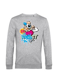 Grijze sweatshirt met lange mouwen, voorzien van een kleurrijke grafisch ontwerp van een cartoonfiguur, vetgedrukte tekst en spetterelementen.