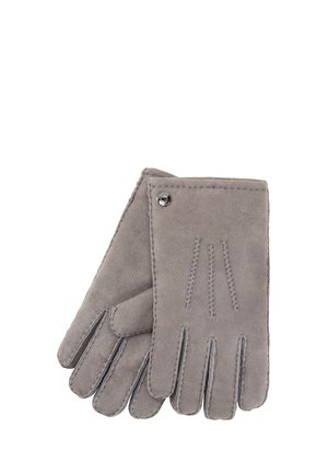 Coppia di guanti in camoscio grigio chiaro con cuciture decorative sul dorso e un piccolo rivetto metallico vicino al polso, posizionati su sfondo bianco.