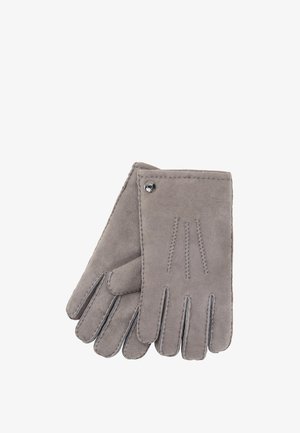 Ein Paar hellgraue Wildlederhandschuhe mit dekorativen Nähten auf dem Handrücken und einer kleinen Metallniete nahe dem Handgelenk, auf weißem Hintergrund.