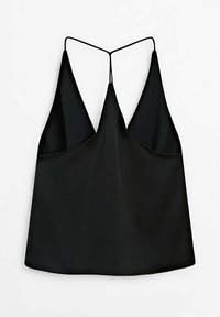 Camisola nera in satin con scollatura a V profonda, dotata di spalline sottili e una vestibilità ampia, texture liscia, design minimalista.