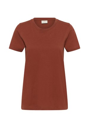 Camiseta de algodón de manga corta color óxido con cuello redondo, dobladillo recto y costuras visibles en las mangas y el borde inferior.