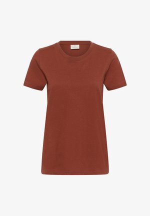 Rust-colored short-sleeve cotton T-shirt with round neckline, straight hem, and visible stitching on sleeves and bottom edge.