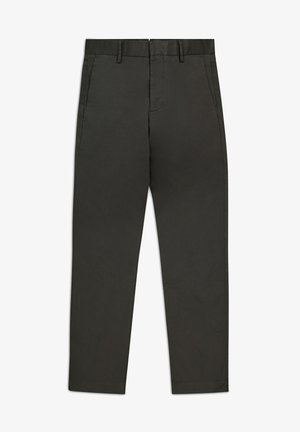 Donkergrijze chinos met een recht model, voorzien van zijzakken, een platte voorkant en een gladde textuur. Klassieke tailleband met riemlussen.