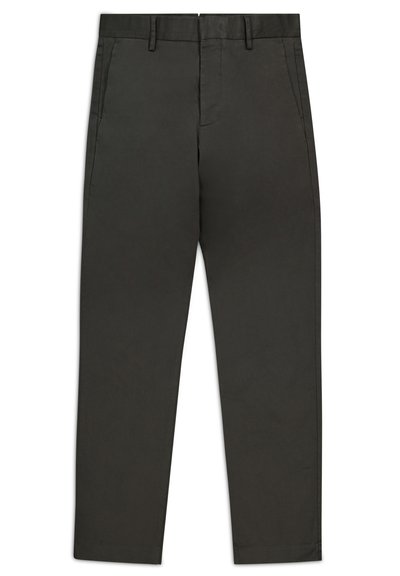 Mørkegrå chinos med lige bendesign, der har forlommer, flad front og en glat tekstur. Klassisk talje med bæltestropper.