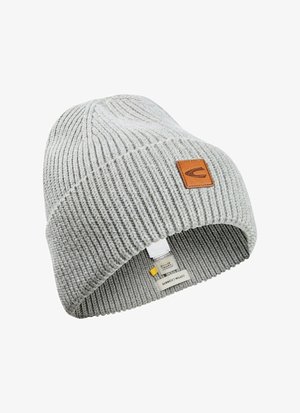 Gray knitted beanie hat with a ribbed texture, featuring a brown leather logo patch and tags on the inside, designed for warmth and comfort.