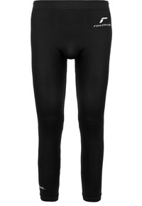 Schwarze sportliche Leggings aus dehnbarem Stoff, mit einer glatten Textur, einem Logo am Bund und Einsätzen an den Unterschenkeln.