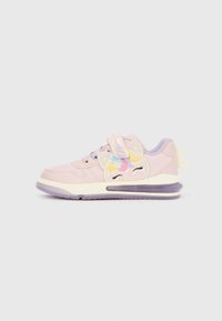 Pastel pink and purple children's sneaker with unicorn face, stars, and crescent moon details, adjustable strap, and purple sole.
