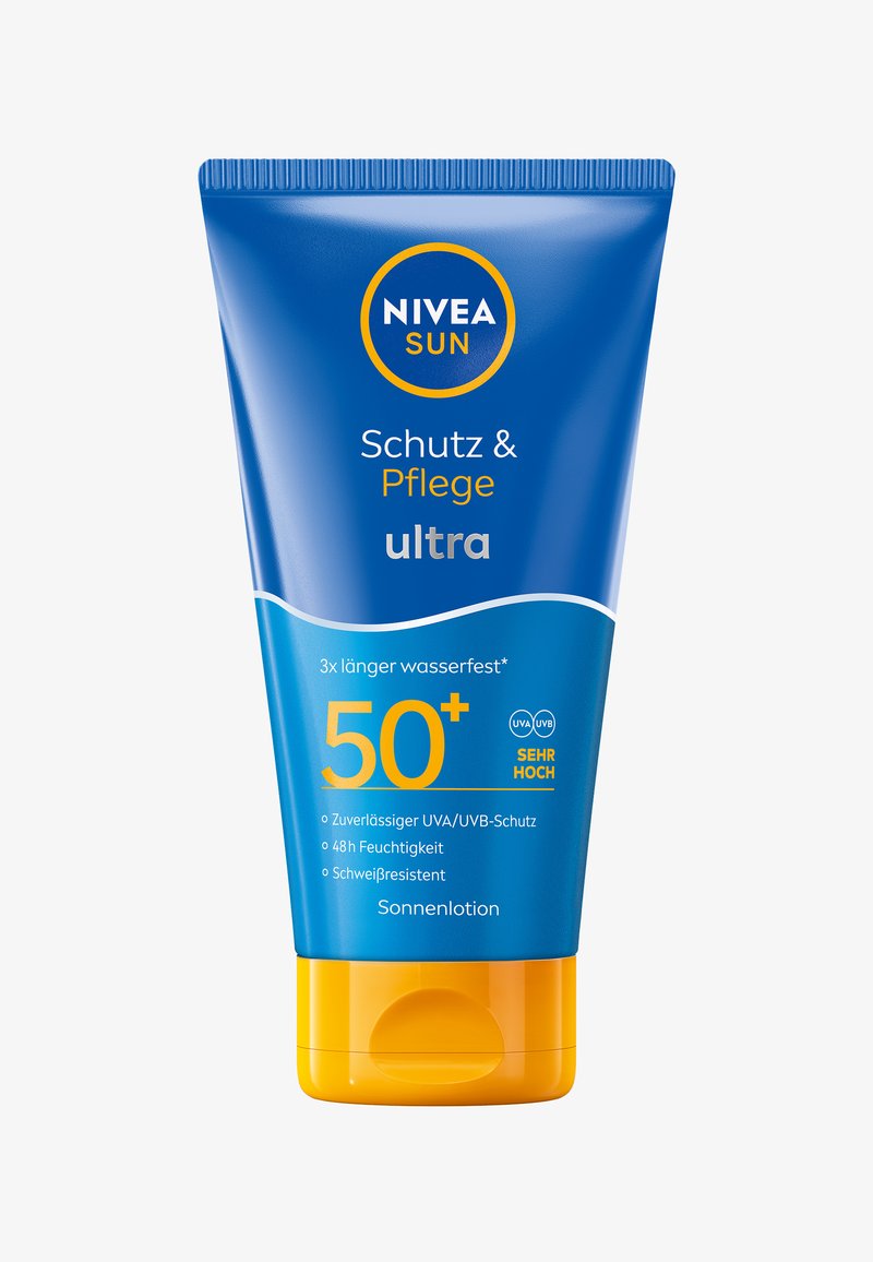 Sunscreen lotion tube with a blue and yellow design, featuring a flip-top cap. Label indicates SPF 50+, UVA/UVB protection, and waterproof.