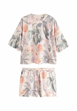 Zweiteiliges Loungewear-Set mit kurzen Ärmeln und Shorts in pastellrosa, mit einem detaillierten Blumen- und Blattmuster.