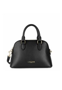 Borsa a mano in pelle nera con texture, con manici doppi, una tracolla rimovibile e dettagli in oro con il logo sul davanti. Forma rotonda.