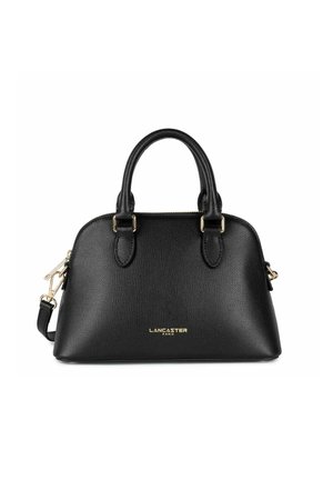 Borsa a mano in pelle nera con texture, con manici doppi, una tracolla rimovibile e dettagli in oro con il logo sul davanti. Forma rotonda.