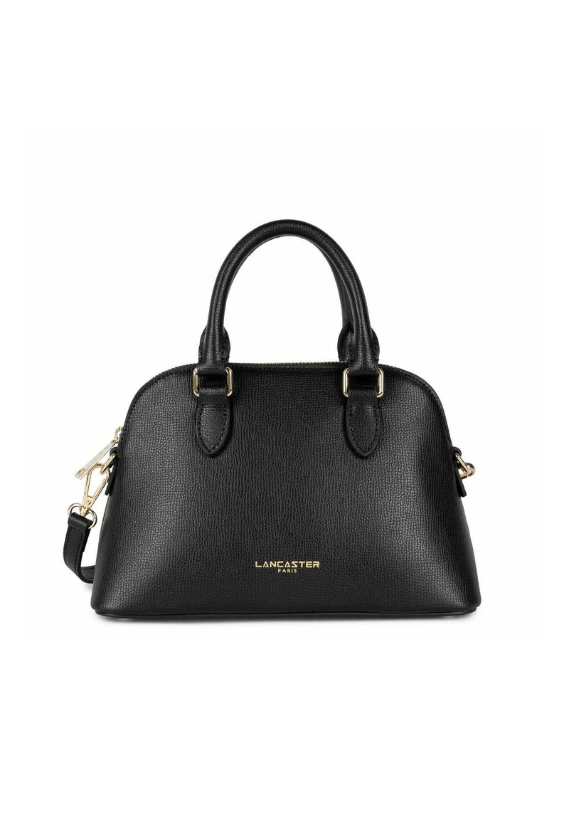 Borsa a mano in pelle nera con texture, con manici doppi, una tracolla rimovibile e dettagli in oro con il logo sul davanti. Forma rotonda.