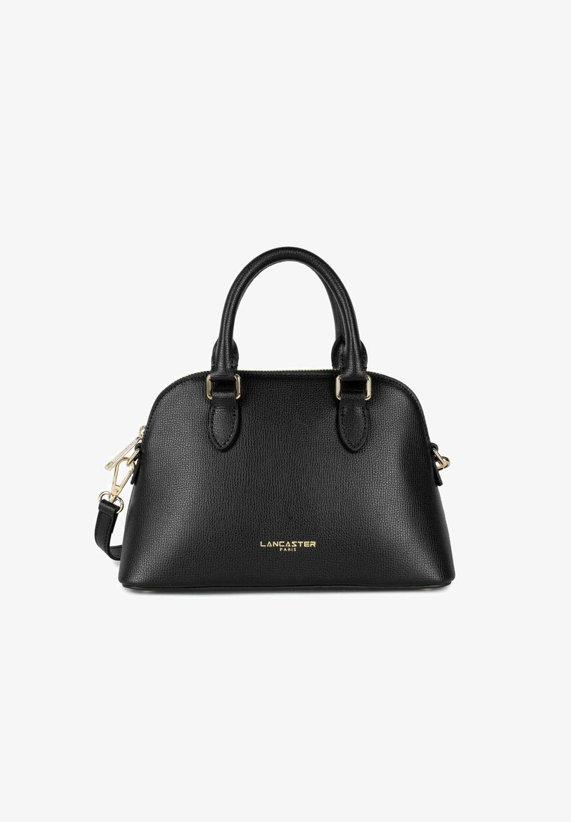 Borsa a mano in pelle nera con texture, con manici doppi, una tracolla rimovibile e dettagli in oro con il logo sul davanti. Forma rotonda.