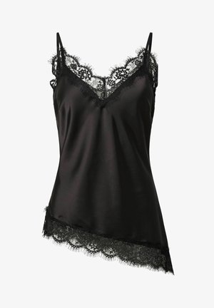 Svart satengkamisole med asymmetrisk kant, pyntet med blomsterblonde på halsringning, skuldre og nederste kant.