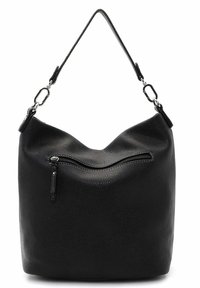 Czarna skórzana torba hobo z teksturowanym wykończeniem, z pojedynczym paskiem na ramię oraz przednią kieszenią na zamek. Kompaktowy, zaokrąglony kształt z dodatkami w kolorze srebrnym.