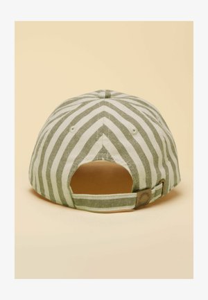 Back view of a beige and olive green striped baseball cap with an adjustable fabric strap and metal buckle.