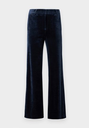 Pantalons évasés bleu marine en velours doux. Présente une texture lisse, une taille ajustée et des bords nets. Pas de matériel visible ni de motifs.