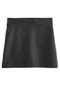 Zwarte A-lijn rok gemaakt van een gestructureerd, glinsterend materiaal met een soepele tailleband; knie-lang met een subtiele sparkle-effect.