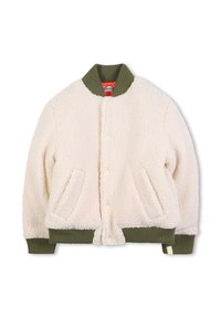 Giacca in shearling color crema con colletto e polsini a coste verdi, dotata di bottoni a pressione e tasche laterali. Texture morbida, design semplice.