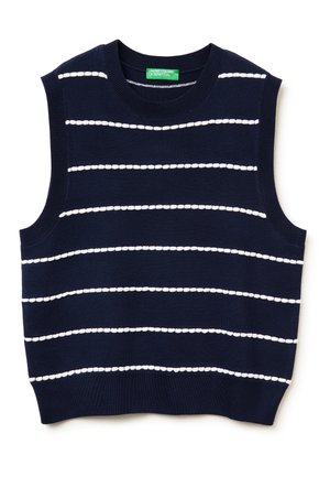 Chaleco de punto azul marino con grandes sisas, que presenta rayas horizontales blancas y un escote redondo. Fabricado con un tejido suave y texturizado.