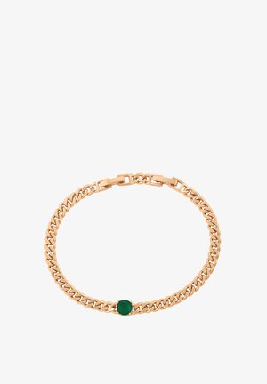 Aranyszínű lánc karkötő sima felülettel és összekapcsolt dizájnnal, középen egy kerek zöld kő díszítéssel.