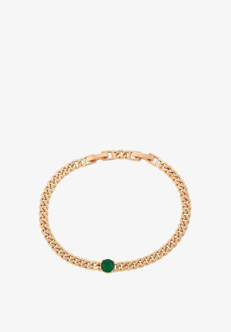 Bracciale a catena in tono oro con una superficie liscia e design a maglie, caratterizzato da un accento centrale di pietra verde tonda.