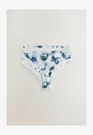 Floral print hipster briefs in white, featuring shades of blue and green leaves, with a soft fabric and a wide elastic waistband.