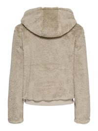 Beige fur hoodie with a high collar, ribbed hem, and long sleeves. Soft texture with a slightly cropped design, no visible closures or patterns.