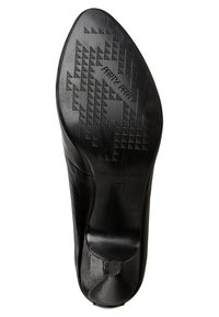 Black leather shoe sole features a textured pattern with triangles and branding. The design is sleek and streamlined with a black finish.