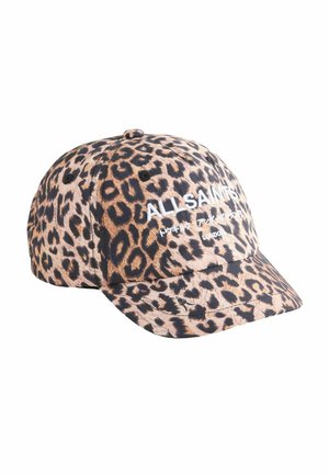 Leopardenmuster-Kappe aus braunem und schwarzem Stoff, mit dem weißen, auf der Vorderseite gestickten "ALLSAINTS"-Logo und einem leicht gebogenen Schild.