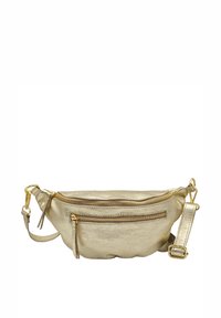 Sac banane en métal doré avec deux compartiments zippés, design incurvé et une sangle amovible. Texture lisse avec des accents en métal doré.