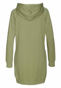 Olivenfarbiges Hoodie-Kleid aus weichem Stoff, mit langen Ärmeln und einer verstellbaren Kapuze. Der Saum hat einen gerippten Abschluss für eine gemütliche Passform.