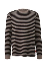 Langsleeve gestreepte t-shirt in beige en marineblauw, ronde halslijn, van katoen, met horizontale strepen en een klein oranje label aan de zijkant.