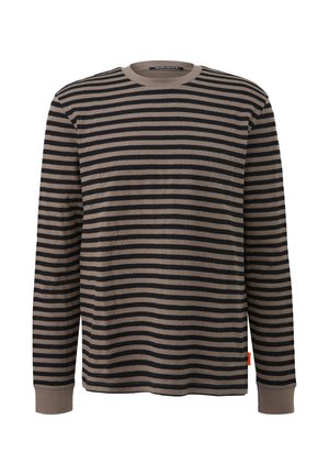 T-shirt z długim rękawem w paski w kolorze beżowym i granatowym, okrągły dekolt, materiał bawełniany, z poziomymi paskami i małą pomarańczową metką po boku.