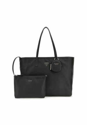 Zwarte synthetische tote-handtas met twee handvatten, rechthoekige vorm en een ritsvakje. Voorzien van merkaccenten en een klein afneembaar muntenetui.