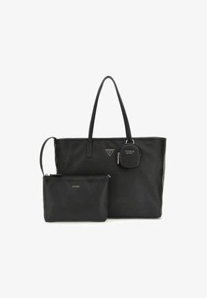 Zwarte synthetische tote-handtas met twee handvatten, rechthoekige vorm en een ritsvakje. Voorzien van merkaccenten en een klein afneembaar muntenetui.