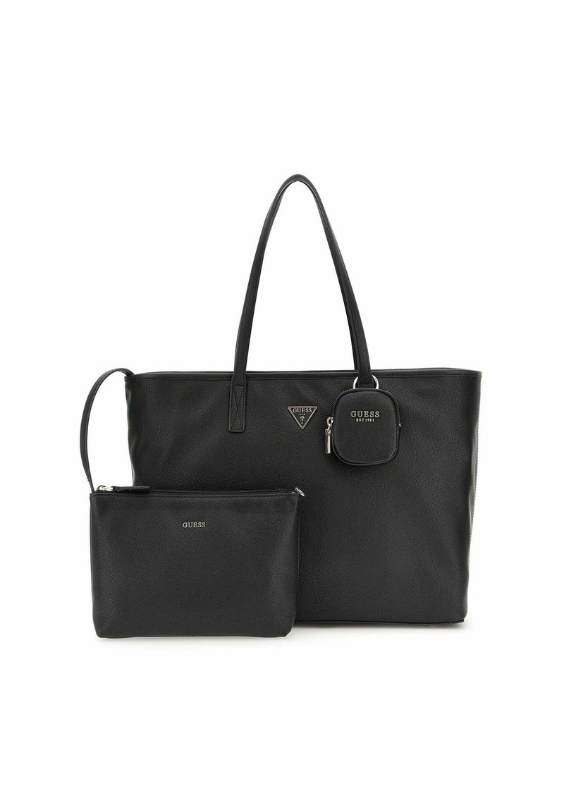 Zwarte synthetische tote-handtas met twee handvatten, rechthoekige vorm en een ritsvakje. Voorzien van merkaccenten en een klein afneembaar muntenetui.