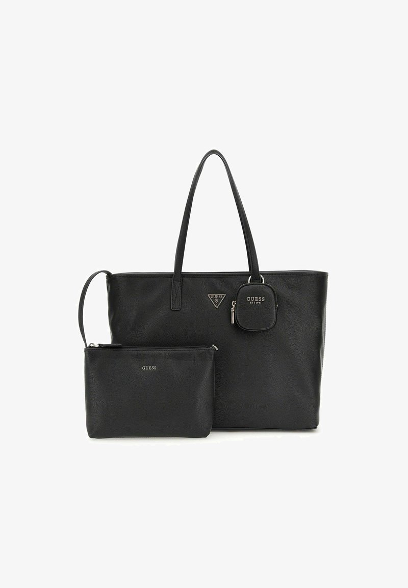 Borsa tote sintetica nera con due manici, forma rettangolare e scomparto con zip. Presenta dettagli di branding e un piccolo portamonete staccabile.