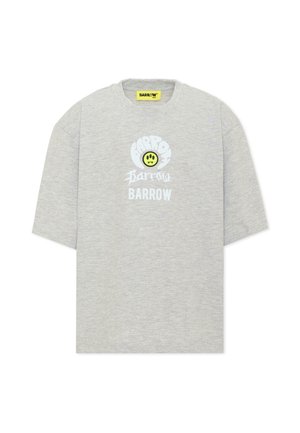 Jasnoszary t-shirt z krótkim rękawem, z trzema białymi logo "Barrow" oraz żółtą uśmiechniętą buzią z kłami na środku przodu.