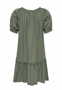 Robe verte longueur genou avec manches ballons, encolure élastique et ourlet à volants froncés.