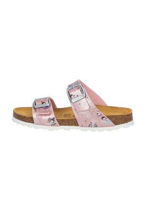Rosa Sandalen mit zwei verstellbaren metallischen Schnallen, Korkfußbett und weißer Gummisohle. Mit dekorativen floralen Mustern.