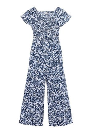 Combinaison à imprimé floral avec manches courtes, encolure carrée et corsage smocké. Fabriquée en tissu léger aux couleurs blanc et bleu foncé.
