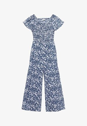 Tuta a stampa floreale con maniche corte, scollatura quadrata e corpino arricciato. Realizzata in tessuto leggero nei colori bianco e blu scuro.